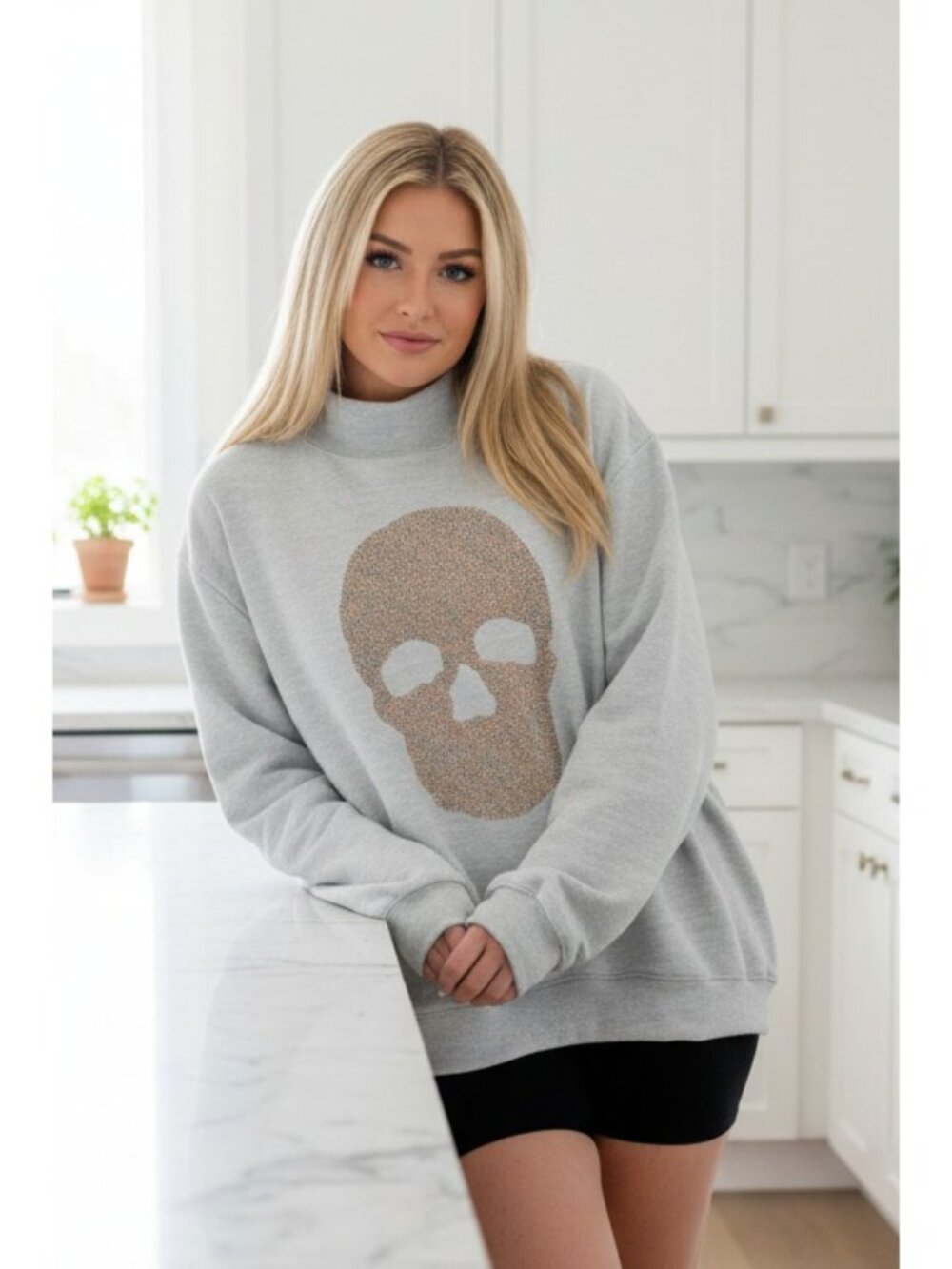 Rhinestone Leopard Skull Mock Neck Baggy Halloween Top Pullover Sweatshirt